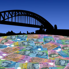 Sydney Harbour Bridge with Australian dollars foreground