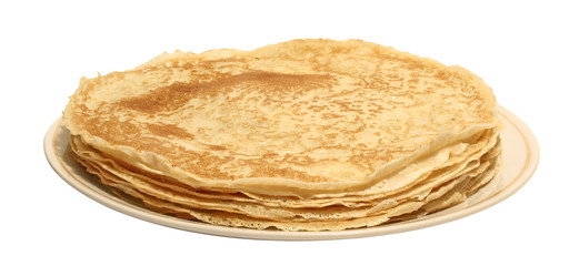 Plate with pancakes on a white background.
