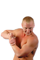 young  man has strained muscles of  trunk