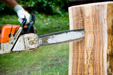 Chain Saw in Action - Worker Cutting Wood