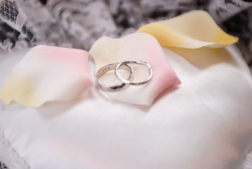 a set of wedding rings on a soft pillow
