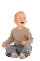 closeup portrait of emotional boy on a white background