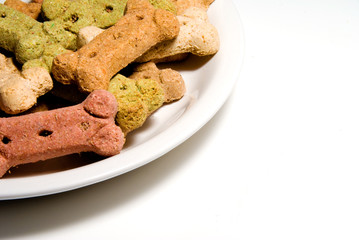 Dog biscuits ready for consumption by a canine.