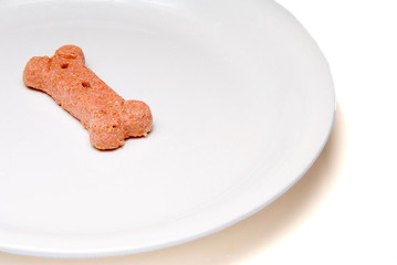 A dog biscuit ready for consumption by a canine.