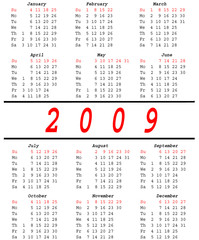 Calender for 2009 with 4 rows and  3 columns of month