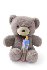 Teddy Bear with Milk Bottle on White Background