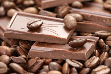 close-ups of dark chocolate and coffee beans