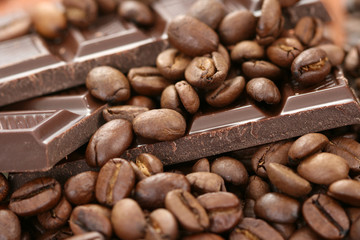 close-ups of dark chocolate and coffee beans