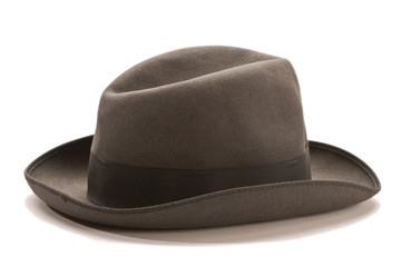 overcoat, outer clothing: male brown hat over white background