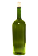 Green Bottle with cork on white background .