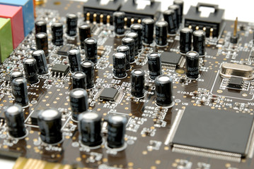 Printed-circuit-board with computer chips resistors condensers