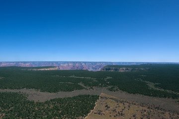 Flight over Grand Canyon with blue sky and green trees