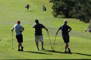 trois golfeurs qui attendent - obrazy, fototapety, plakaty