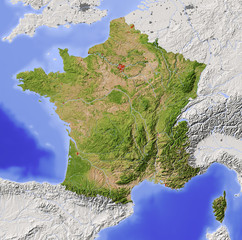 France. Shaded relief map with natural colors.