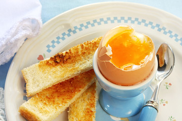Soft-boiled egg in an eggcup, with toast 