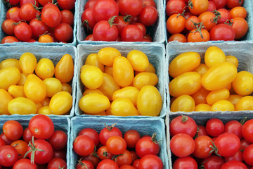 ripe, cherry and grape tomatoes at a farmer's market