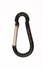 Black metallic carabiner with the sign 