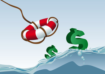 Abstract vector illustration of some dollars thrown a lifeline - obrazy, fototapety, plakaty