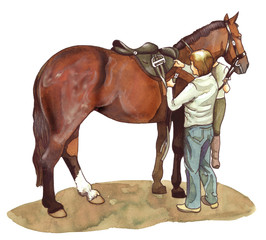 Watercolor illustration of a groom preparing her horse to ride © willierossin