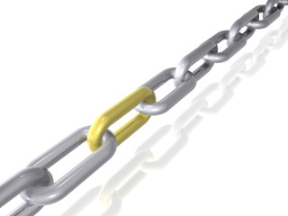 3D render of a chain with golden link. Isolated on white.