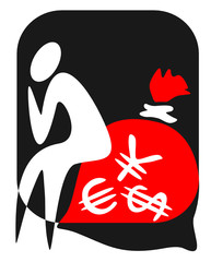 Stylized person sitting on a bag with money.