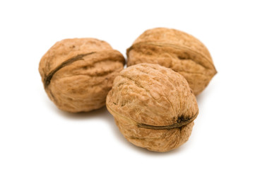 three walnuts on white background