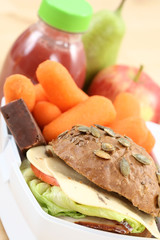 box with sandwich fruits and chocolate and bottle of juice