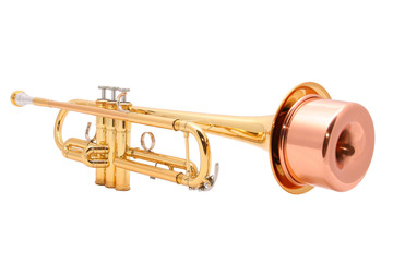 gold lacquer trumpet with mouthpiece and mute isolated on white