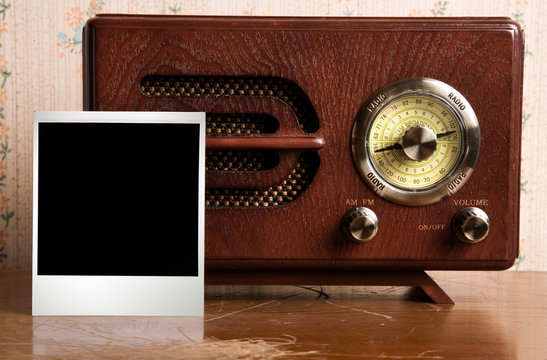 vintage radio and empty blank of photo