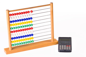 abacus and calculator isolated on white background