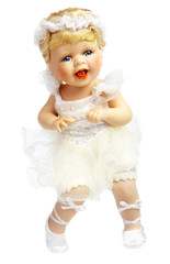 Doll in a dress of the bride on a white background.