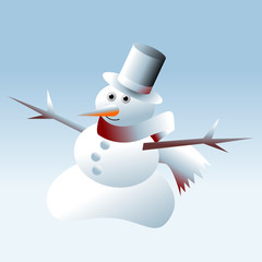 Snowman with red scarf over blue background