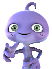 A very cute alien points to you as if to say 