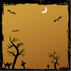 grungy halloween image with spooky trees and cat