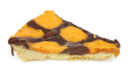 Pie slice cut  with fruits and chocolate
