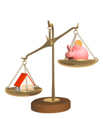 Choice - piggy bank and house on bowls of scales