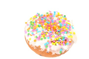Sweet frosted pastry donut isolated on white