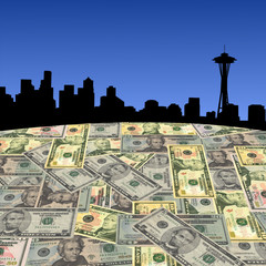 Seattle skyline with American dollars foreground illustration