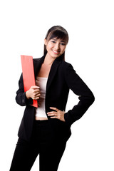 smiling female executive holding a red file
