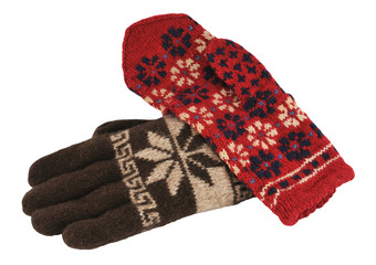 Different knitted gloves (red and brown), isolated on white
