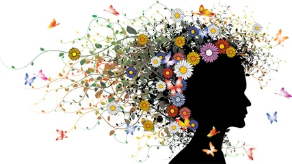 Tableaux sur verre Femme fleurs Silhouette fille florale - version colorée avec des fleurs