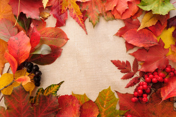 Naklejka na ściany i meble background from autumn leaves and textile