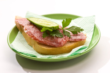 fresh sandwich with salami, cucumber and parsley
