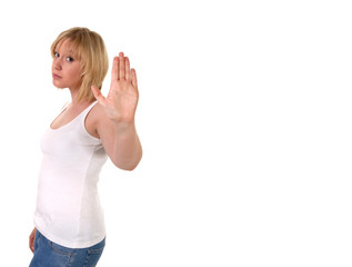 'talk to the hand' - cute blond fhand gesture - copy space