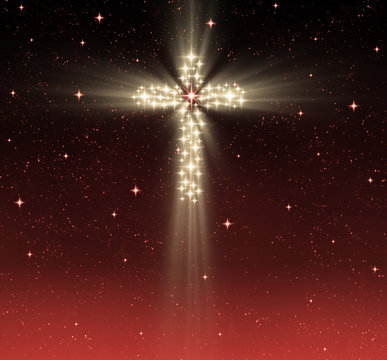 great glowing christian cross in starry night sky