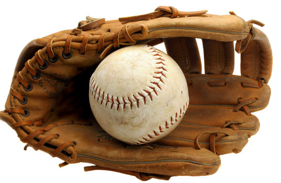 Old Baseball Mitt And Ball Isolated On White With Copy Space