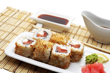 Hot Rolls in Tuna Chips Served with Soy Sauce and Chopsticks