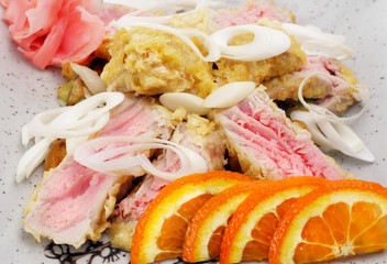 Japan Salad from Tuna Fish, Rice, Vegetables and Orange Slice