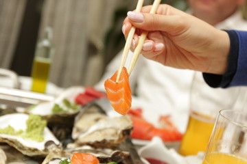 A bit of salmon fish in restaurant