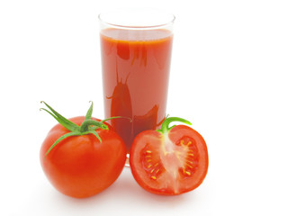 Tomatoes and juice on a white background